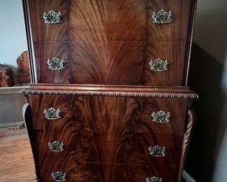 Chinese Chippendale book matches flame mahogany chest on chest 
