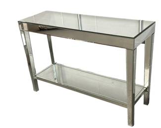 $225 USD     Silver Mirrored One Shelf Console Table EK221-104    Elevate your space with our Silver Mirrored One Shelf Console Table. Its sleek design features a reflective surface and a convenient shelf, perfect for storing your essentials. Charm your guests with its sophisticated and luxurious touch. Make a statement in your home with this exclusive piece.
Dimensions: 44 x 15 x 30"H
Condition: Very good condition.  Please see small crack on back of console table
Local pick up Merrifield, VA.  Please contact us for shipper suggestions     https://goodbyhello.com/products/copy-of-turkish-knotted-blue-kaftan-izmir-area-rug-ek221-103?_pos=10&_sid=2469c3f2f&_ss=r