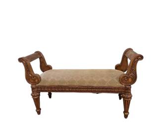 $80 USD     Vintage Rolled Arm Carved Wood & Upholstered Bench EK221-82    Elevate your space with our Vintage Rolled Arm Carved Wood & Upholstered Bench. Made with intricate carved wood and luxurious upholstery, this bench exudes elegance and sophistication. Perfect for adding a touch of vintage charm to any room, it's the perfect blend of style and comfort.
Condition: Good condition.  There are a few scuffs on the wood.  See photos
Dimensions:  54 x 18 x 30"H
Local pick up Merrifield, VA.  Contact us for shipper suggestions.     https://goodbyhello.com/products/copy-of-brown-corduroy-accent-chair-ek221-81?_pos=16&_sid=2469c3f2f&_ss=r
