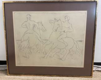 $560 USD     Miklos Borsos Etching Copper Engraving Horsemen EK221-54    Horsemen by Miklos Borsos, Etching (Copper engraving), Mid Century Modern elegant frame, Framed in Tokyo, Japan, Miklos Borso
Dimensions: 32 x 27
Condition: Good condition. Matting of framing will need to be replaced.
Local pick up Merrifield, VA.  Contact us for shipper suggestions.     https://goodbyhello.com/products/copy-of-samuel-a-kilbourne-weakfish-signed-chromo-lithograph-ek221-53?_pos=13&_sid=2469c3f2f&_ss=r