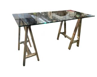 $600 USD     Vintage Polished Chrome Sawhorse Base Glass Dining Table Desk EK221-13    1970s polished chrome sawhorse console table, A fine vintage example of an iconic form, the thick rounded edge glass top resting on two polished chrome table legs. The base can take a larger piece of glass can be used as a desk or dining room table. 
Dimensions: 56 x 28 x 30"H
Condition: Very good condition.
Local pick up Merrifield, VA.  Contact us for shipper suggestions.     https://goodbyhello.com/products/copy-of-pair-crate-barrel-wood-end-tables-ek221-12?_pos=66&_sid=2469c3f2f&_ss=r