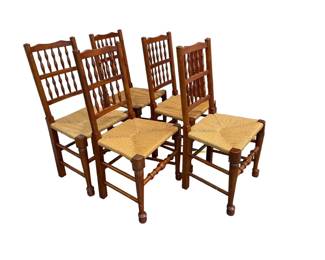 $480 USD     Set of 5 Lancashire 19th century spindle back chairs Rush Seats EK221-44    Six  each with a shaped top rail above the turned spindle galleried back and rush seat, raised on turned legs joined by turned stretchers.
Dimensions: 19.5 x 15 x 37"H  Seat = 17
Condition: Very good condition.
Local pick up Merrifield, VA.  Contact us for shipper suggestions.     https://goodbyhello.com/products/copy-of-pair-american-signature-suede-gray-side-chairs-ek221-43?_pos=80&_sid=2469c3f2f&_ss=r