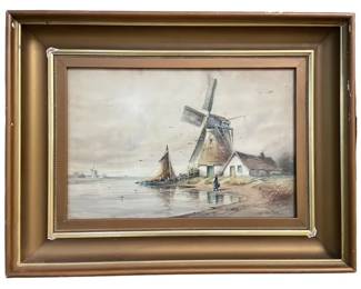$280 USD     Windmill Dutch Watercolor Painting Signed Jan van Tree EK221-46    Transport yourself to the scenic countryside of the Netherlands with this exquisite watercolor painting. Designed and signed by the renowned artist Jan van Tree, this piece features a stunning depiction of a traditional Dutch windmill. With delicate brushstrokes and intricate details, it's a luxurious addition to any art collection.
Dimensions: 27 x 21"
Condition: Very good condition.
Local pick up Merrifield, VA.  Contact us for shipper suggestions.    https://goodbyhello.com/products/copy-of-4-black-bent-back-ladderback-dining-chairs-ek221-45?_pos=33&_sid=2469c3f2f&_ss=r