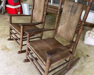 $120 2 brown rocking chairs with woven seat and back