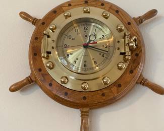 $70 Bay-Berk port hole clock brass and oak 15W x 19 H