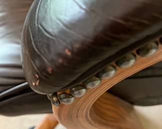 $60 Desk chair leather and wood 28W x 22D x 48H arm scuffs