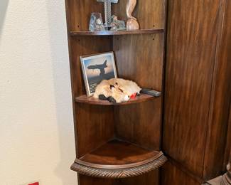 $750 Entertainment center 59W x 27D x 90H with two matching curved corner shelves 13W x 13D x 71H and two matching glass front cabinets 23W x 17D x 74H