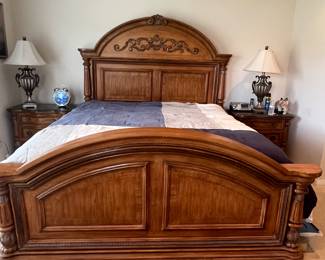 $750 Bedroom king size bed with mattress / 2 night stands with marble top ( 32W x 20D x 30H) / dresser( 72W x 20D x 40H) & mirror ( 41W x 50H)