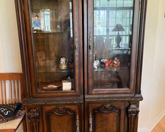 $750 Entertainment center 59W x 27D x 90H with two matching curved corner shelves 13W x 13D x 71H and two matching glass front cabinets 23W x 17D x 74H
