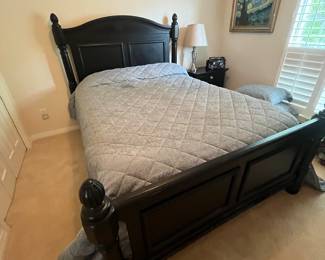 $700 - Ashley black queen bed set & mattress - night stand & tall chest & mirror window 