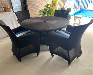 #51 - $1100 Brown Jordan All Weather Wicker Round Table w/4 chairs (4 on casters) 54"Rx35"H.   Chairs 20"Wx39"H