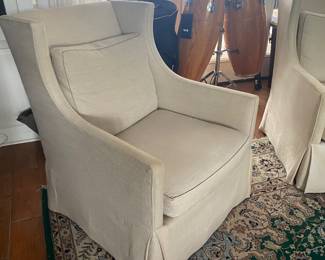 #3 - $400 - Pair of Swivel Linen Chairs/Duh, Lee Upholstery, Down pillows.  30"Wx38"Hx32"D