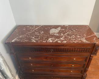 #7 - $1000, French Chest w/Rouge Marble Top 5 Drawers in Foyer. 51"Lx41"Hx22"D