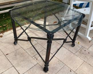 #82 - $75 -black outdoor - black iron with round glass top - side table 