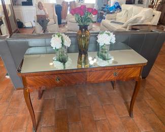 #8 - $450-French style  Mirrored-Top Dressing Table. 2 Drawers 47"Lx30"Hx24"D some losses in veneer