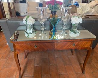 #8 - $450-French style  Mirrored-Top Dressing Table. 2 Drawers 47"Lx30"Hx24"D some losses in veneer