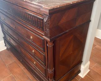 #7 - $1000, French Chest w/Rouge Marble Top 5 Drawers in Foyer. 51"Lx41"Hx22"D
