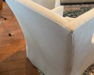 #3 - $400 - Pair of Swivel Linen Chairs/Duh, Lee Upholstery, Down pillows.  30"Wx38"Hx32"D