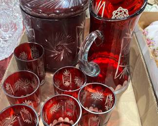 Cranberry cut to clear biscuit jar, pitcher and cups