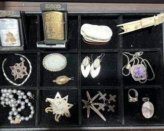 Native American Sterling jewelry (many signed!)/ Zippos in boxes, Chinese carved pieces