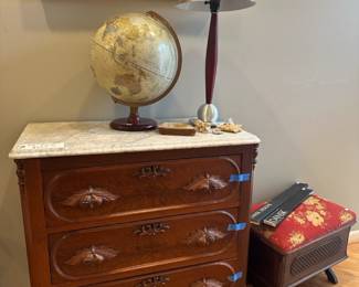 Victorian Stone Top Dresser, Replogle Globe, Vintage Lite Source lamp, Franz Farnkl oil on canvas