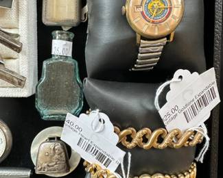 Vintage expandable bracelets, sterling baby bell, sterling belt buckle