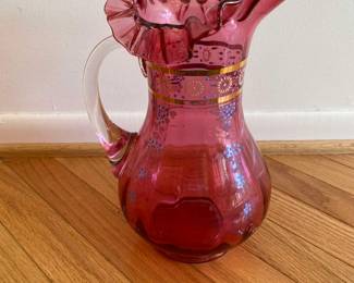 Vintage Painted Cranberry Glass Piycher