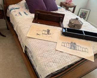 Vintage painted full bed frame, Eastlake style shelf