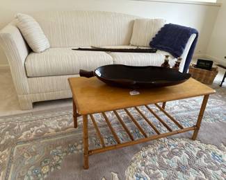 glass bottles, carved walking stick, Heywood Wakefield Coffee Table, sofa, Monkey Pod Leaf Bowl