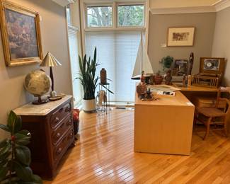 Vintage Jesper Modular Maple Desk Set, Victorian Stone Top Dresser, Replogle Globe, Vintage Lite Source lamp, Franz Farnkl oil on canvas,Plants Plant Stands, Large Sailboat Figure