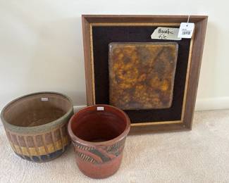 Framed Pewabic tile, mid century planters