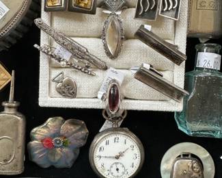 Vintage sterling cufflinsks, antique pocket watch, antique pens, sterling rings, sterling art deco pins