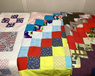 NIAB103 Old Quilt Trio First quilt is the lightest one. Looks to be made of cotton. Has some yellowing on the white side, with just a little bit on the tiles side.&nbsp;
