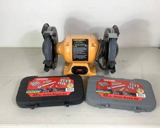 NIAB203 Central Machinery Bench Grinder Craftsman Tools 8" Bench Grinder by Central Machinery, Model # 39798, was tested and works. 2 Craftsman 22pc socket wrench sets. One of the sets has a 1/2 socket that is from Napa.
