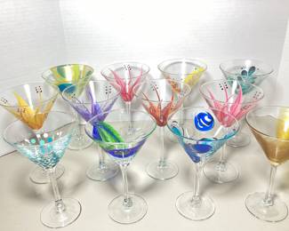 NIAD104 Collection Of Hand Painted Martini Glasses 12 in total. The last 4 glasses have slightly shorter stems.&nbsp;
