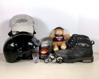 NIAB214 Harley Davidson Collection Mug and shot glass. Little stuff bear with miniature motorcycle. 3 Harley ball caps, Harley motorcycle helmet size large and a pair of motorcycle riding boots size 10.5 men's, boots are used and have wear to them.
