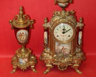 2pc Italian Ceramic & Brass Mantel Clock and Urn Set with Franz Hermle 2 jewel movement, clock 16", urn 12.5"