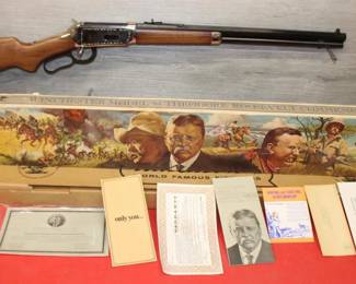 Winchester Model 94 Theodore Roosevelt 30-30 Rifle Commemorative ser# TR39720.  manufactured in 1969 and is one of 52,386 produced. It comes with the Original Winchester Certificate. The barrel measures 25-1/4 inches. CONDITION: This rifled has never been fired.