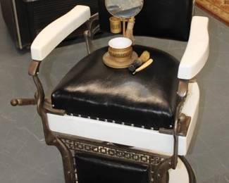1930`s Koken Barbers chair with shaving utensiles