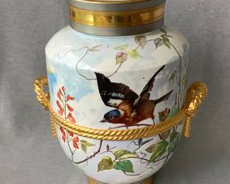 Large Wide Mouth Porcelain Vase with Gold Rope Embellishments