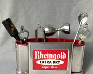 Rheingold Beer Chrome Bar Caddy with Vintage Bar Tools