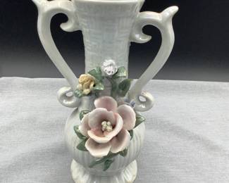 Iridescent Double Handled Vase With Delicate Flower Applique