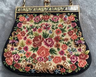 Vintage Black Tapestry Purse with Rolled Gold Toned Chain