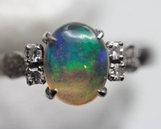 18K WHITE GOLD DIAMOND AND MEXICAN OPAL RING