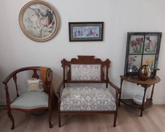 barrel chair, Eastlake bench, hall table, cross stitch art
