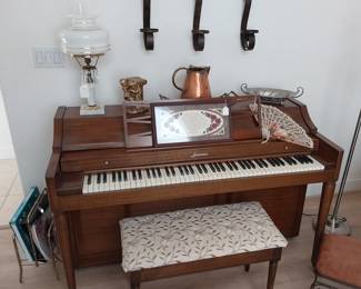 Baldwin piano, Acrosnic, copper pitcher, vintage lamp