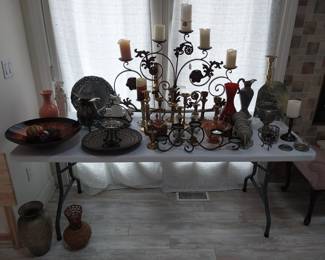 fire place candelabra, vases, decor