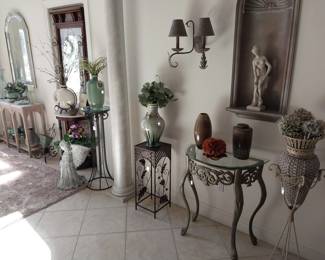 pedestals, sofa table, vases, statuary, hall table, hall tree