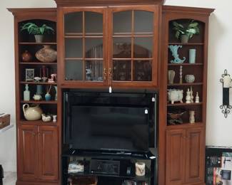 42” Onn Roku TV, 46” Samsung TV, entertainment center, TV stand, McCoy, Haeger pottery, decor
