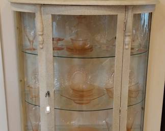 pink depression glass, curio cabinet